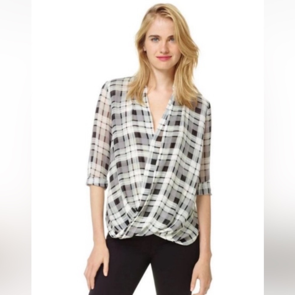Aritzia Babaton 100% Silk Faux Wrap Blouse Silk Plaid Draped Front Gray Neutral